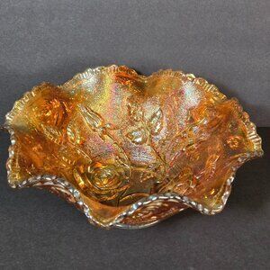 Vtg Imperial Glass American Beauty Open Rose Marigold Riffle Carnival Glass Bowl